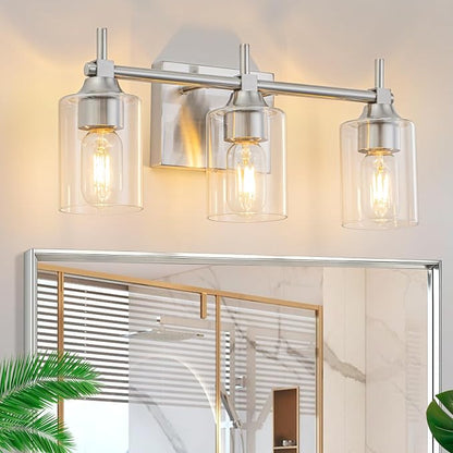 3-Light Modern Bathroom Vanity Light,Brushed Nickel Light Fixtures for Bathroom,Modern Wall Light Over Mirror with Glass E26 Socket (Bulbs Not Included)