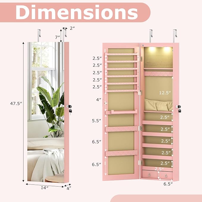 Moccha Wall Door Jewelry Armoire, 47.5" H Full Length Mirrored Jewelry Cabinet with 2 LED Lights and 2 Drawers, Lockable Jewelry Cabinet, Jewelry Organizer Storage for Bedroom, Pink