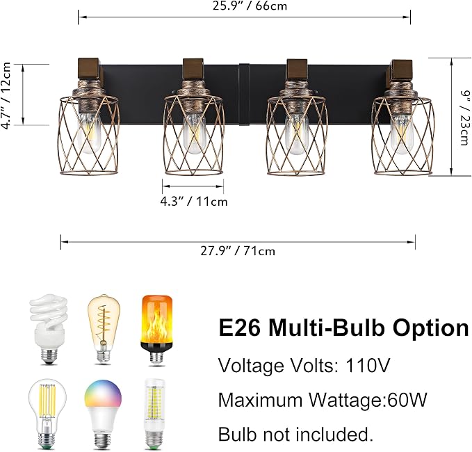 4-Light Black Gold Farmhouse Vanity Light, Wood & Metal Cage Shade | Mounted Over Mirror, Industrial Rustic Style, Ideal for Bathroom, Bedroom, Hallway & Living Room, Easy To Install