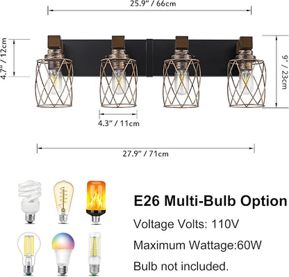 4-Light Black Gold Farmhouse Vanity Light, Wood & Metal Cage Shade | Mounted Over Mirror, Industrial Rustic Style, Ideal for Bathroom, Bedroom, Hallway & Living Room, Easy To Install