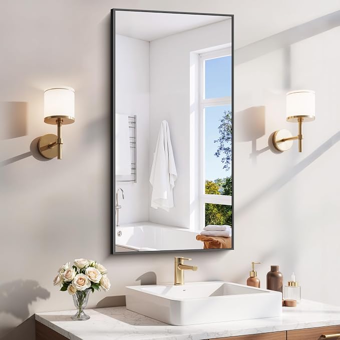 YIROMAN Bathroom Mirror 20"x40", Matte Black Bathroom Mirror for Over Sink with Aluminum Frame, Rectangular Vanity Mirror with Right Angles, Wall Mirror Hangs Horizontal or Vertical, Shatterproof