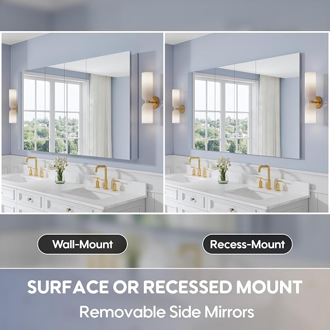 64" x 36" Bathroom Medicine Cabinet with Mirror, Anodized Chrome Aluminum Frame, Surface Mount or Recessed Medicine Cabinet with Mirror, Bathroom Mirror with Storage, Four Doors