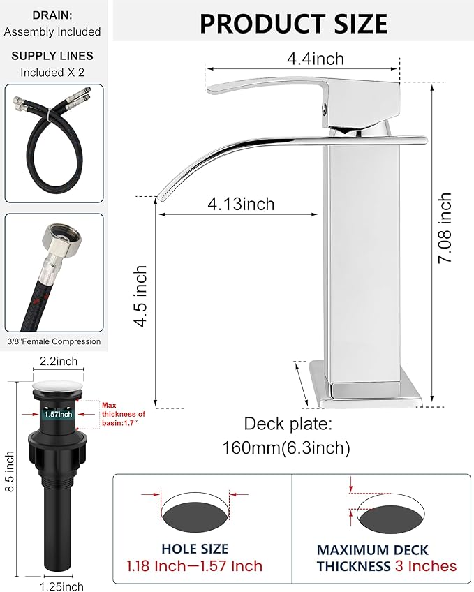 Midanya Bathroom Faucet with Waterfall Spout, Single Hole or 3-Hole Deck Mount, 304 Stainless Steel Sink Faucet with Pop-Up Drain, RV Vanity Compatible,Polish Chrome