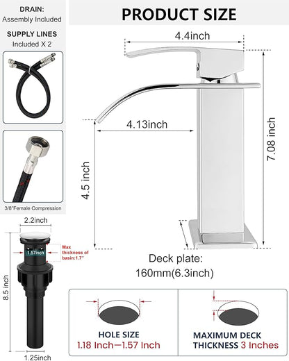 Midanya Bathroom Faucet with Waterfall Spout, Single Hole or 3-Hole Deck Mount, 304 Stainless Steel Sink Faucet with Pop-Up Drain, RV Vanity Compatible,Polish Chrome