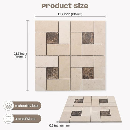 6 Inch Square Weave Marble Mosaic Tile for Wall Floor, 5 Sheets | Water & Heat Resistant Honed Marble Backsplash Tiles for Kitchen Bathroom Fireplace Surround Durable Unique Veins 4.8SQFT