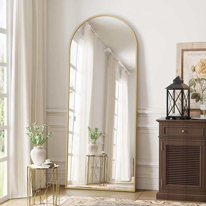 Dewfig Arched Full Length Mirror, 58"X18" Large Full Body Mirror, Gold | Aluminum Alloy Frame Floor Mirror, HD Shatterproof Tempered Glass, Lean/Stand/Wall for Living Room,Bedroom, Dressing Room