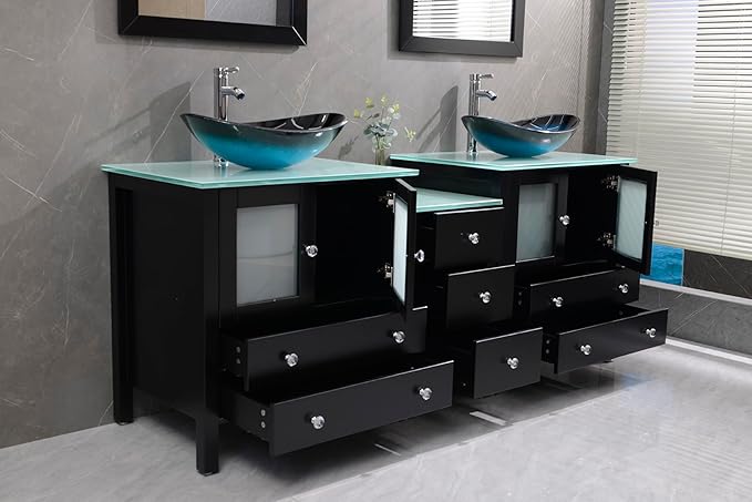 76" Freestanding Wooden Modern Bathroom Vanity with Double Vessel Sink Set Bathroom Mirror Included (Black, Art Sink)