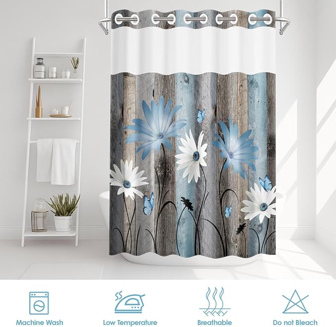 No Hook Shower Curtain with Snap in Liner 71x86 Inch Blue Daisy | Farmhouse Rustic Butterfly Modern Double Layers Waterproof Fabric with See Through Top Window Open Grommet Bath Curtain