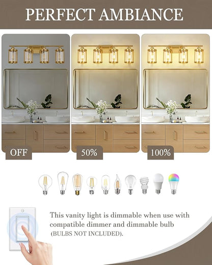 4-Light Brushed Gold Bathroom Light Fixtures with Clear Glass and Metal Cage, 29 Inch Modern Brass Vanity Lighting Over Mirror Wall Sconce Lights for Bath, E26, Rust-Proof, OS-3014BG-4W