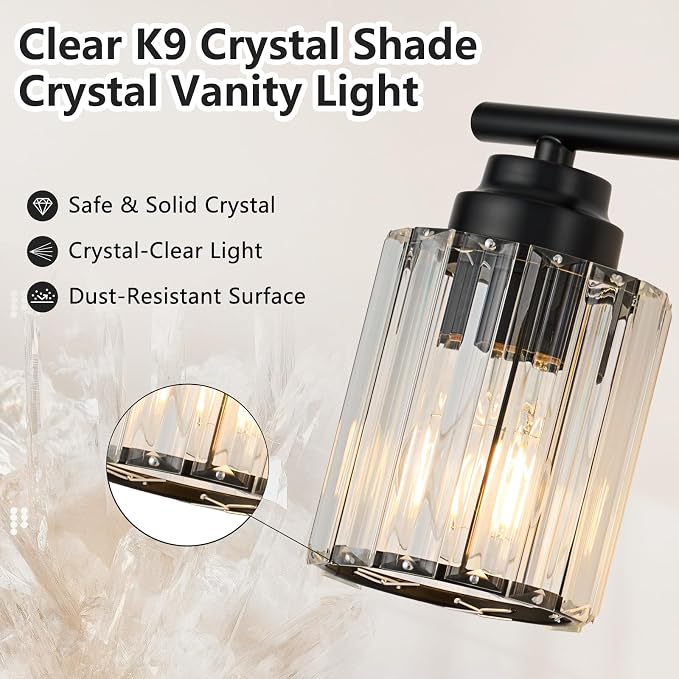 29.1" Black Vanity Light, 4-Light Bathroom Light Fixtures with Clear Crystal Shades, E26 Base Modern Black Wall Sconce, Vanity Lights for Bathroom Powder Room Bedroom Hallway