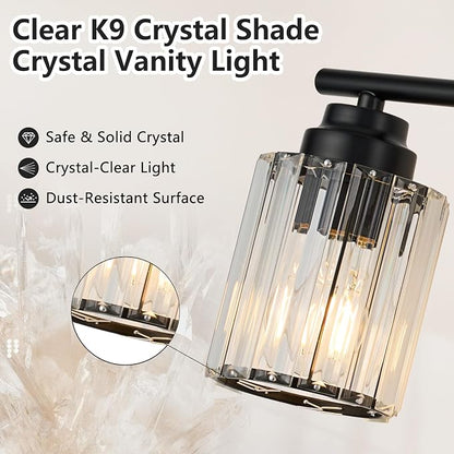 37.4" Crystal Bathroom Lighting Fixtures Over Mirror, 5-Light Balck Vanity Light Fixture, Vanity Lights with Clear Crystal Shade, E26 Base Wall Sconces for Bathroom, Bedroom, Hallway