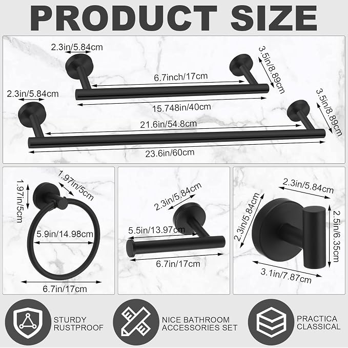 Gisafai 15 Pcs Matte Black Bathroom Accessories Hardware Set Black Towel Racks for Bathroom Sus304 Stainless Steel 23.6 Inch Towel Bar Ring Toilet Paper Holder Robe Hooks for Wall Mounted