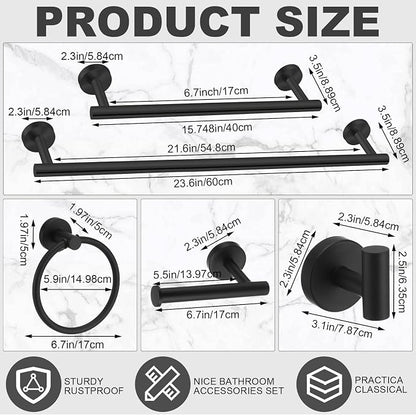 Gisafai 15 Pcs Matte Black Bathroom Accessories Hardware Set Black Towel Racks for Bathroom Sus304 Stainless Steel 23.6 Inch Towel Bar Ring Toilet Paper Holder Robe Hooks for Wall Mounted