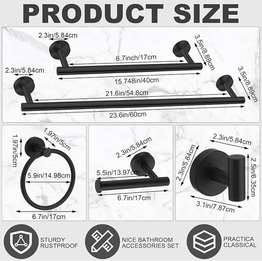 Gisafai 15 Pcs Matte Black Bathroom Accessories Hardware Set Black Towel Racks for Bathroom Sus304 Stainless Steel 23.6 Inch Towel Bar Ring Toilet Paper Holder Robe Hooks for Wall Mounted