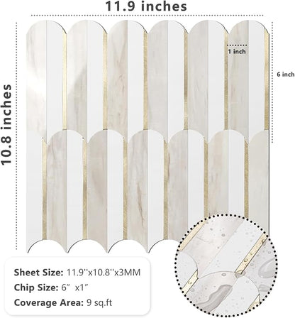 Vamos Tile Peel and Stick Backsplash Seamless Tile for Kitchen and Bathroom,1-Sheet White and Glossy Wooden Marble PVC Mixed Light Gold Self Adhesive Fish Scale Metal Mosaic Tiles