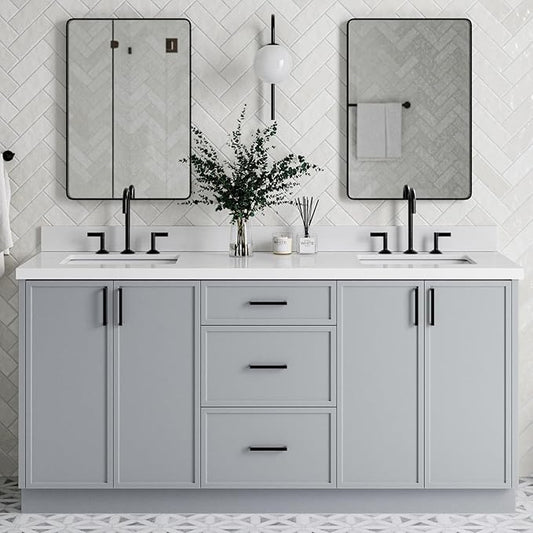 ARIEL Kelly 72-inch Bathroom Vanity with Sink,Solid Wood, 1.5-inch Pure White Quartz Countertop & Backsplash, Double Rectangular Porcelain Sink, 4 Soft Closing Doors, 5 Dovetail Drawers, Grey