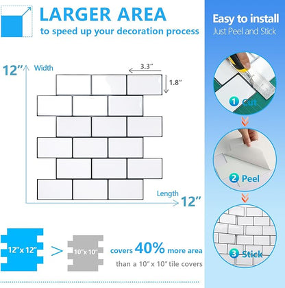 STICKGOO Subway Tile Peel and Stick Backsplash, Thicker Design 12" x 12" Stick on Backsplash Tiles for Kitchen, Bathroom, Wall Tile (10 Sheets, Cold White with Black Grout)