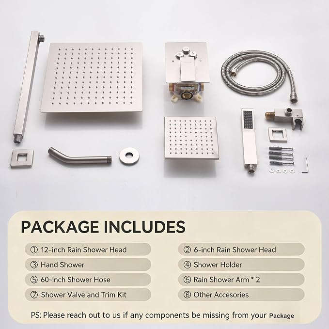 Dual Rainfall Shower Head System Brushed Nickel, 3-Function Push Button Shower Faucet Set with 12" Wall Mount Rain shower head and 6" Wall Mount Shower Head, Pressure Balance Rough-in Valve