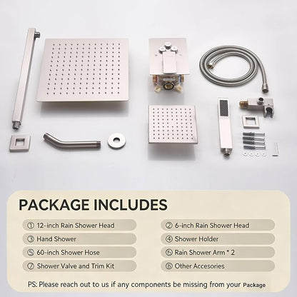 Dual Rainfall Shower Head System Brushed Nickel, 3-Function Push Button Shower Faucet Set with 12" Wall Mount Rain shower head and 6" Wall Mount Shower Head, Pressure Balance Rough-in Valve