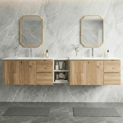 84" Modern Floating Double Sink Bathroom Vanity, Wall Mounted Bathroom Cabinet with U-Shaped Drawers, Beveled Invisible Handles Open Side Shelf, FSC Certified Wood Veneer (White, 84 lnch)