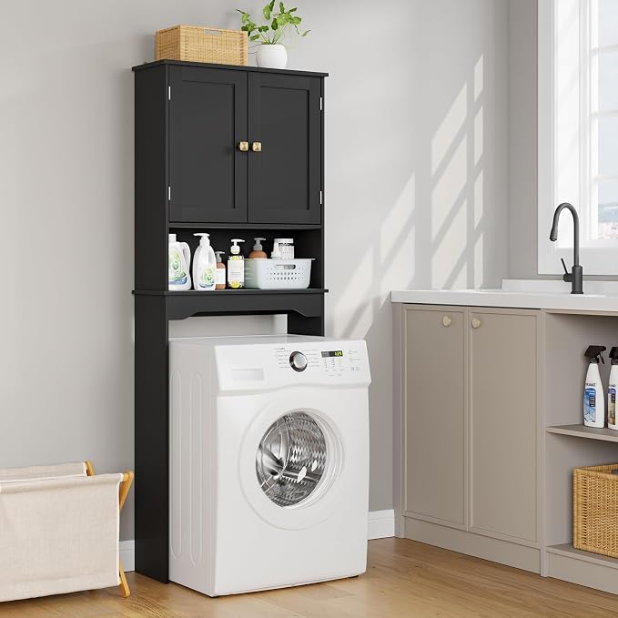 RRX Over The Toilet Storage Cabinet, Bathroom Above Organizer (Black) | Free Standing Toilet Rack with Adjustable Shelf and Open Storage, Double Doors, Space Saver,24.8" L x 9.1 "W x 65.7 "H