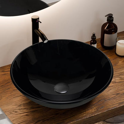YIMAI Black Glass Vessel Sink 16.5" x 16.5" x 5.5" – Tempered Glass Above Counter Round Bathroom Sink Bowl Countertop Modern Sinks with Faucet and Drain Combo, Easy Install for Master or Powder Room