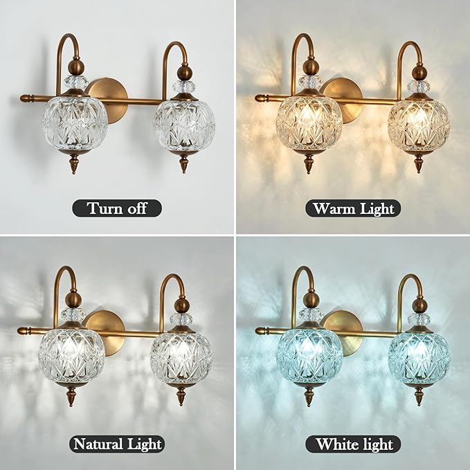 Vintage Bathroom Light Fixtures Gold Vanity Light with Glass Globe LampShade 2 Lights Mid Century G9 Bulb Wall Sconce Indoor Vanity Light Over Mirror for Bedroom Farmhouse Hallway