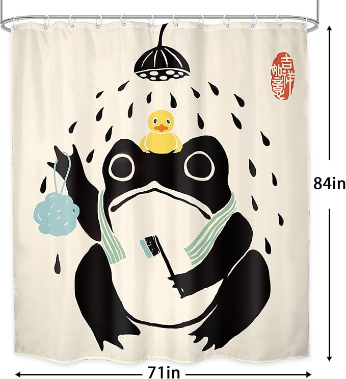 LGhtyro Funny Frog Shower Curtain Bathroom Set 71Wx84H Inches Asian Traditional Japanese Extra Long Rubber Duck Retro Black Beige Bath Accessories Cute Animal Art Home Decor Fabric 12 Pack Hooks