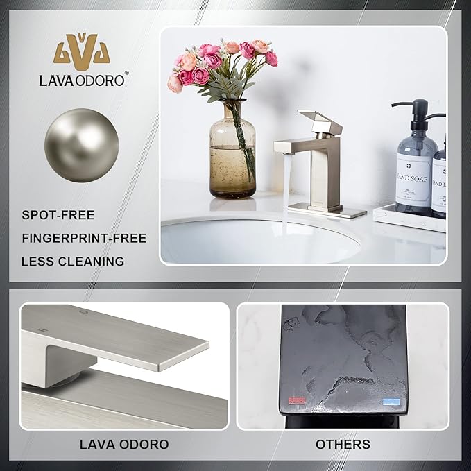 Lava Odoro Single Hole Bathroom Faucet, Brushed Nickel Bathroom Sink Faucet Single Handle Vanity Faucet with Pop up Drain Assembly, Deck Plate Included, BF307-BN