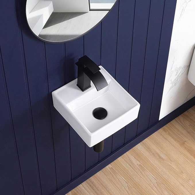 Small Wall Mount Bathroom Vessel Sink 11"x12" Bathroom Sink White | Wall Mounted Rectangular Wall Hung Mini Porcelain Ceramic Floating Tiny Sink RV Sinks