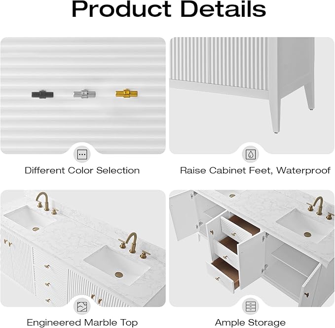 Vanity Art 72 inch Bathroom Vanity with Double Sink & Ceramic Top, Vanity Cabinet with Soft-Closing Door, Solid Wood Frame, Linear Pattern, White, Golden Brushed Handware VA91726-DW-GB