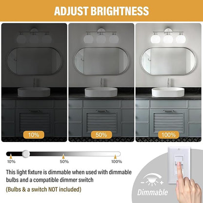 Brushed Nickel Bathroom Light Fixtures, 3-Light Vanity Light Over Mirror | Modern Bathroom Lighting Over Mirror, Wall Sconces, Milky White Globe Glass Shades, E26 Socket,ETL Listed