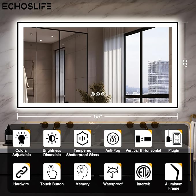 EchosLife 55x30 LED Bathroom Mirrors for Wall - Black Aluminum Framed | Black Frame, Front and Backlit, Anti-Fog, Stepless Dimmable, 3 Colors, Memory, Tempered Glass, UL Listed, Horizontal/Vertical