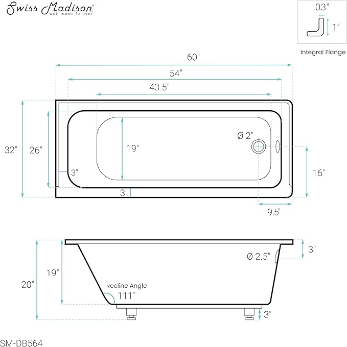 Swiss Madison Voltaire 60" x 32" Right-Hand Drain Alcove Bathtub