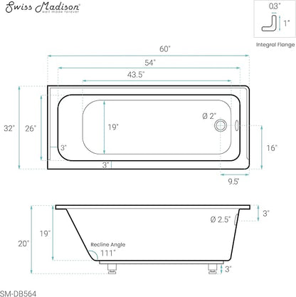 Swiss Madison Voltaire 60" x 32" Right-Hand Drain Alcove Bathtub