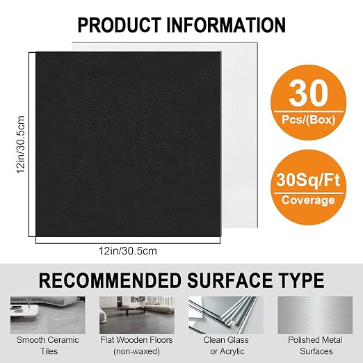 Peel and Stick Floor Tile 30-Pack 12 x 12 inch,Black and White Self-Adhesive Waterproof Vinyl Flooring Plank for Bathroom,Kitchen, Dining Room, Bedrooms, Cover 30 Sq. Ft (15 Tiles per Color)