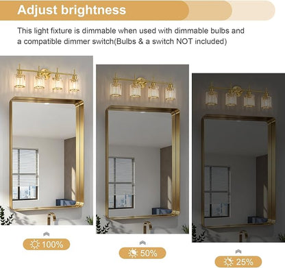Brushed Gold Bathroom Light Fixtures, Round, 3-Light | Vanity Lights with Crystal Shades, Modern Bathroom Lighting Fixtures over Mirror (Bulbs Not Included, E26)