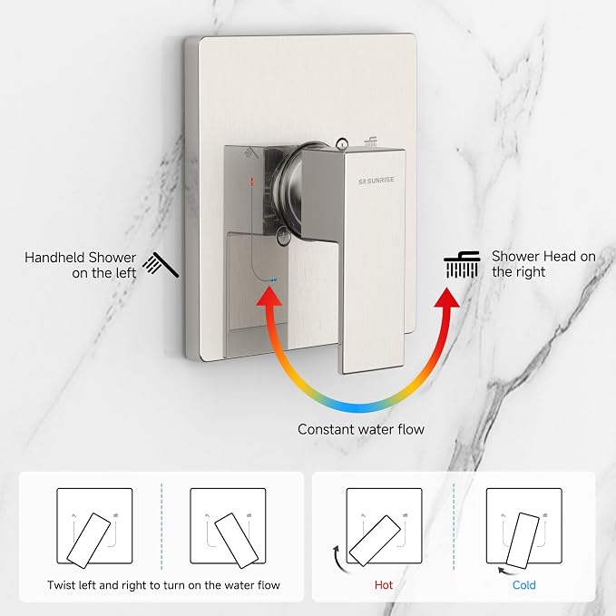 SR SUN RISE Shower Faucet Set & System - 12 Inch Rainfall Shower Head & Handle Set Wall Mounted Brushed Nickel Solid Brass Valve Trim Kit Included