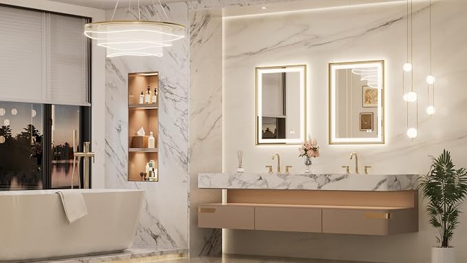 Keonjinn 24x32 Inch Gold LED Bathroom Mirror with Lights, HD Tempered Glass | Frontlit & Backlit, Lighted Bathroom Mirror, Beveled Edge , 3 Color Temperatures, Anti-fog, Stepless Dimmable