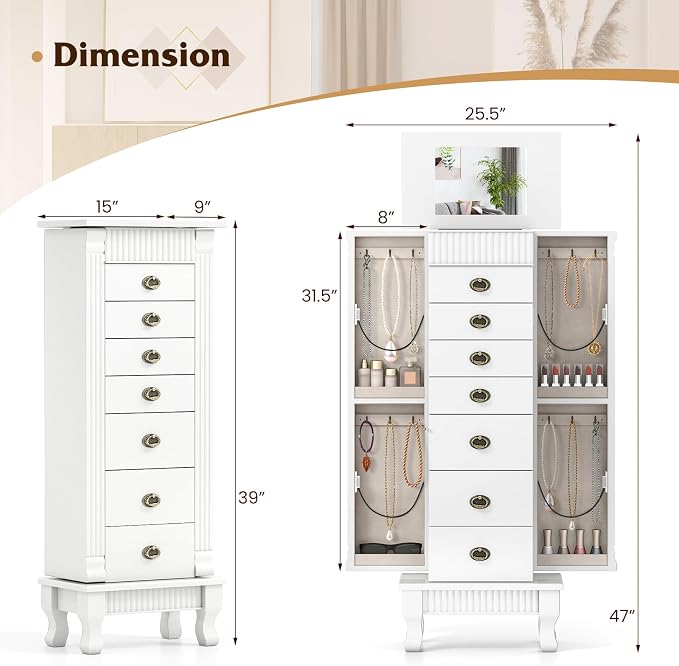 DREAMADE Jewelry Armoire, Standing Jewelry Box w/Mirror & 7 Drawers, White | Flip Top Organizer with 2 Side Doors and Anti-Toppling Device, Large Jewelry Cabinet Storage for Bedroom
