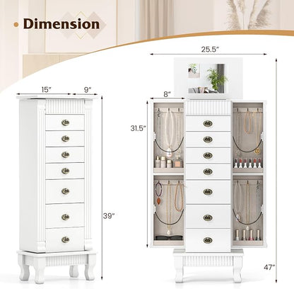 DREAMADE Jewelry Armoire, Standing Jewelry Box w/Mirror & 7 Drawers, White | Flip Top Organizer with 2 Side Doors and Anti-Toppling Device, Large Jewelry Cabinet Storage for Bedroom