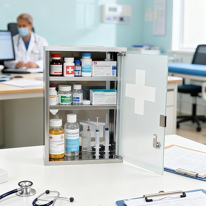 Locking Stainless Steel Medicine Cabinet, 3 Tier Wall Mounted Storage Cabinet, Durable Stainless Steel, Surface or Flush Mount, Ideal for Home, Office or First Aid, 11.8 * 4.7 * 17.7