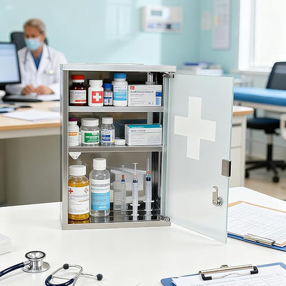Locking Stainless Steel Medicine Cabinet, 3 Tier Wall Mounted Storage Cabinet, Durable Stainless Steel, Surface or Flush Mount, Ideal for Home, Office or First Aid, 11.8 * 4.7 * 17.7