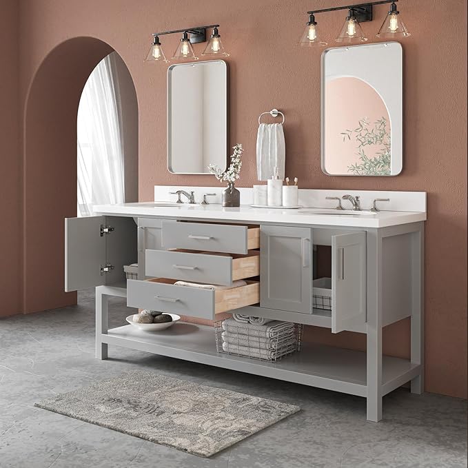 ARIEL Magnolia 72-inch Bathroom Vanity with Sink,Solid Wood, 1.5-inch Pure White Quartz Countertop & Backsplash, Double Oval Porcelain Sink, 4 Soft Closing Doors, 3 Dovetail Drawers, Grey