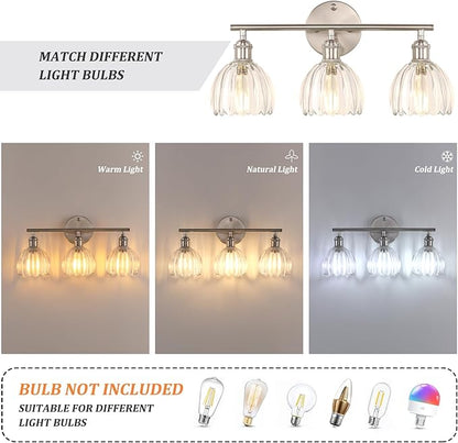 Bathroom Light Fixtures, 3-Light Vanity wall Light Over Mirror with Clear Tulip Glass Shade for Bedroom Living Room (Bulb Not Included), Satin Nickel