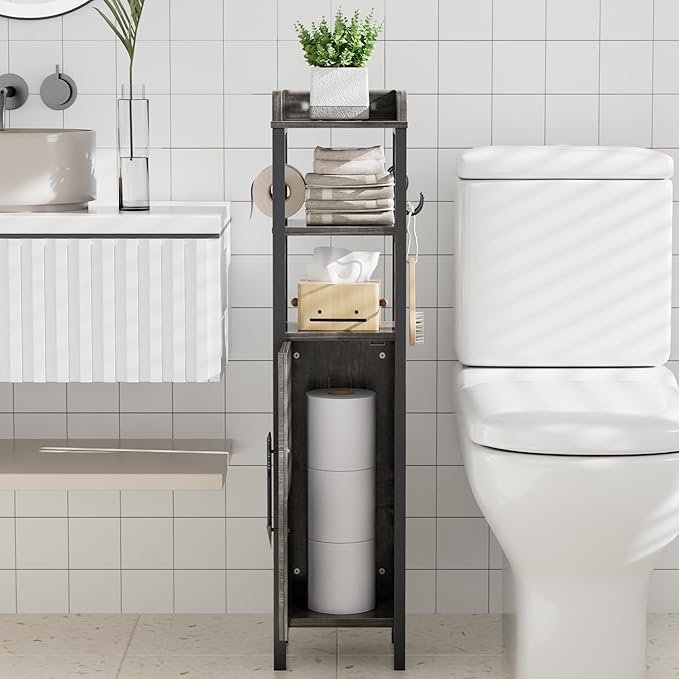 VECELO Small Bathroom Storage Cabinet, Slim Toilet Paper Holder with Shelves & Metal Racks, Organizer Cabinet for Narrow Spaces, Iron Gray, Farmhouse Style