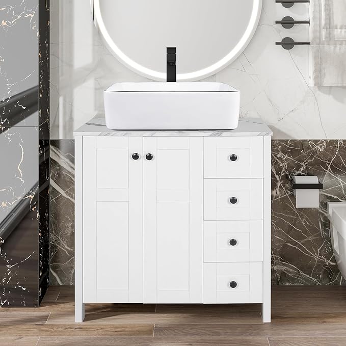 32" White Bathroom Vanity with Marble Texture Top and 4 Drawers, Modern Standing Pedestal Cabinet with White Ceramic Sink