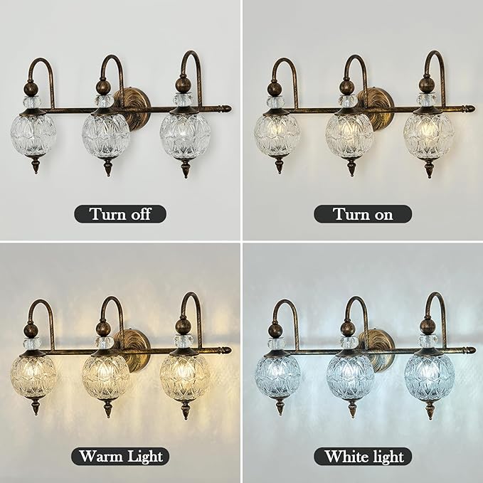 Vintage Bathroom Light Fixtures Bronze Vanity Light with Glass Globe LampShade 3 Lights Mid Century G9 Bulb Wall Sconce Indoor Vanity Light Over Mirror for Bedroom Farmhouse Hallway