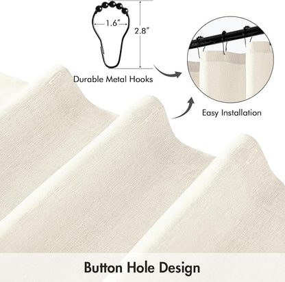 ANRODUO Ivory Linen Textured Fabric Shower Curtain Set - W60xL72 | Farmhouse Shower Curtain with 10 Metal Hooks, Waterproof Heavy Duty, Button Hole Design, Machine Washable for Bathroom