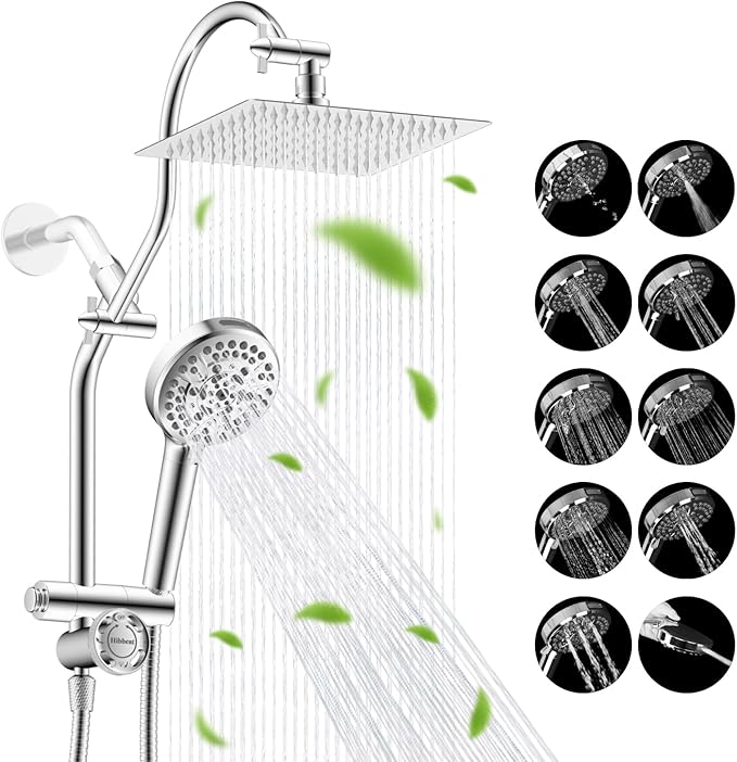 Hibbent High Pressue All Metal 8" Rainfall Shower Head, Handheld 10-Spray | cUPC Certified Chrome Dual Showerhead Combo, 4-way Diverter with Pause Mode, Brass Extension Arm, 71'' Shower Hose & Holder